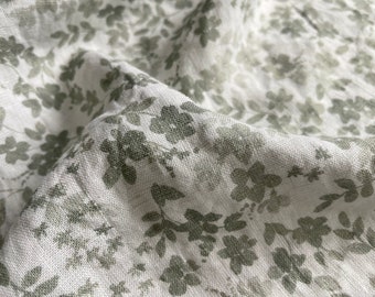 Sage Green Floral Linen Fabric - Washed - weight 5.5oz/yd2 (185 GSM) - width 56" (142 cm), European Floral Print Flax Linen Fabric Softened