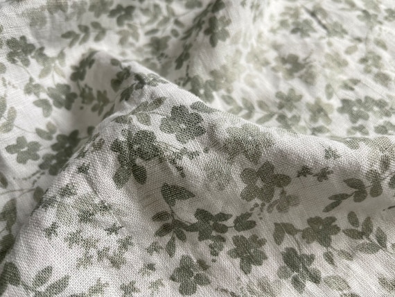Washed Linen Fabric - Sage Green Floral - weight 5.5oz/yd2 (185 GSM) - width 56" (142 cm), European Floral Print Flax Linen Fabric Softened