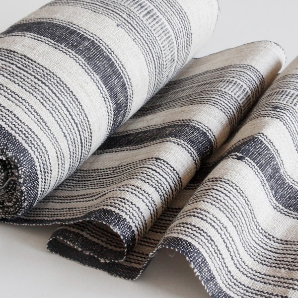 Organic Raw Hemp Fabric - Natural and Black Striped Hemp, Handwoven 100% Hemp Fabric, Price per Yard