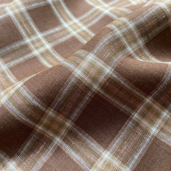 Deadstock Linen Fabric - Brown Plaid - weight 4oz/yd2 (135 GSM) - width 57" (147 cm), Fall Shirting Fabric, Tablecloth Linen