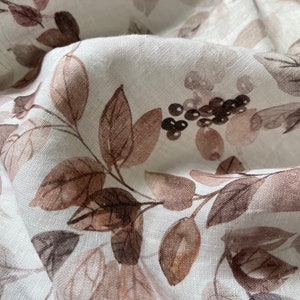 Washed European Linen - Fall Berry Foliage - weight 5.5oz/yd2 (185 GSM) - width 56" (142 cm) - Floral Linen Fabric, White Brown Leaf Linen
