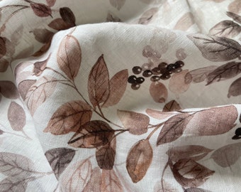 Tela de lino de follaje de bayas de otoño - Lavada - peso 5.5oz/yd2 (185 GSM) - ancho 56" (142 cm) - Tela de lino floral, lino de hoja marrón blanco