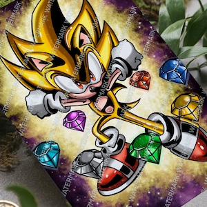 May include: A vibrant illustration of a golden Sonic the Hedgehog in a dynamic pose, surrounded by colorful gems against a cosmic background. The artwork features bold lines and bright colors, with the text "WATERMARK" repeated.
