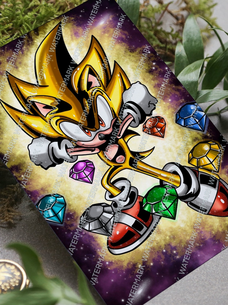 May include: A vibrant illustration of a golden Sonic the Hedgehog in a dynamic pose, surrounded by colorful gems against a cosmic background. The artwork features bold lines and bright colors, with the text "WATERMARK" repeated.