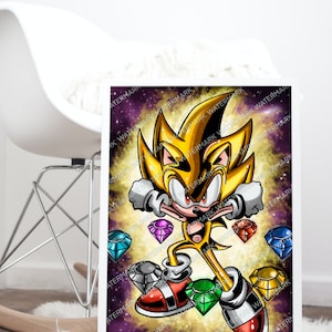 May include: A framed print featuring a yellow cartoon character with red shoes and white gloves, surrounded by colorful gems. The background is a galaxy of purple and gold. The character is in a dynamic pose.