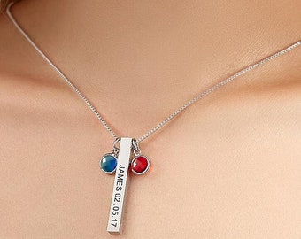 Custom Engraved Birthstone Necklace Gold Vertical Bar Necklace