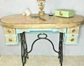 Custom Vintage Repurposed Sewing Machine Table Cabinet Reclaimed Wood Top Original Cast Iron Legs Wheels