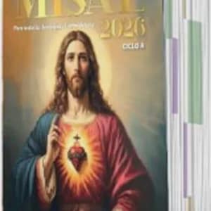 Może przedstawiać: Twarda oprawa książki zatytułowana "MISAL 2026" z religijnym wizerunkiem na okładce. Okładka przedstawia portret Jezusa z płonącym sercem na ciemnym tle. Grzbiet książki pokazuje kolorowe separatory stron.