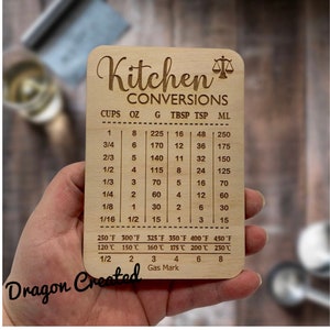 May include: A wooden kitchen conversion chart with the title "Kitchen Conversions". The chart lists measurements in cups, ounces, grams, tablespoons, teaspoons, and millilitres. It also includes a conversion chart for Fahrenheit and Celsius temperatures.