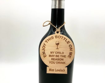 Personalised Teacher Wine Tag: Funny Novelty Gift, Birch Wood