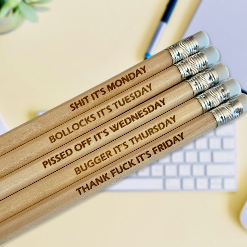 Rude Pencils, MATURE Office Joke Pencils, Days Of The Week, Desk Swear Word Pencils, Adult, Funny Office Novelty Gift, Set Of 5 Pencils. image 1