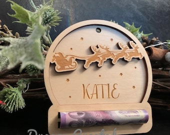 Personalised Santa Christmas Money Holder Ornament: Engraved Wood Bauble, Cash Envelope