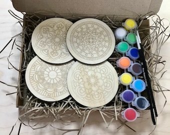 DIY Mandala Coaster Paint Kit: Birch Wood Arts & Craft Gift