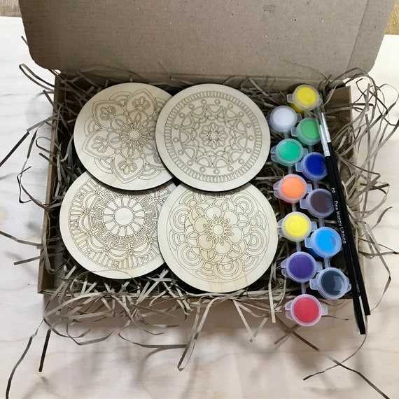 DIY Coaster Mandalas Paint Kit, Wooden DIY Paint Kit, Coaster Painting Kit  for Adults, DIY Craft Paint Kit 