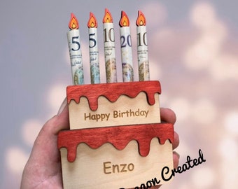 Personalised Birthday Money Holder: Wooden Cake Cash Gift, Envelope