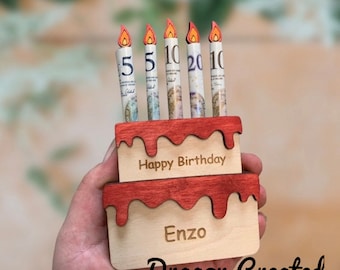 Personalised Birthday Money Holder: Wooden Cash Gift Envelope, Birthday Cake