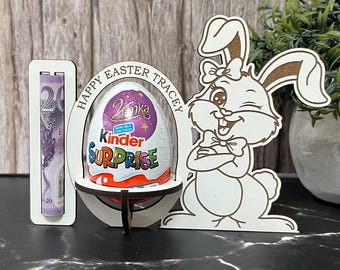 Easter Bunny Chocolate And Money Holder: Personalised Easter Envelope, Chocolate Table Stand, Cash Gift