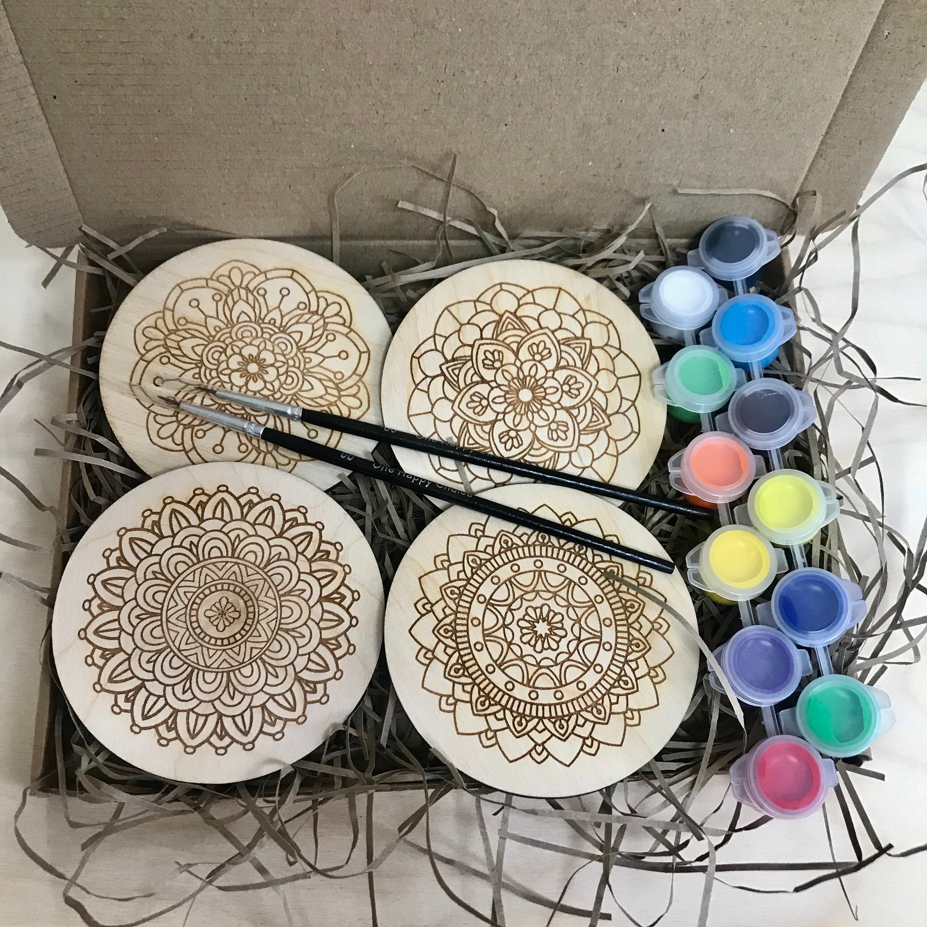 Paint Your Own Coaster Kit Mandalas Paint Kit Wooden DIY Etsy