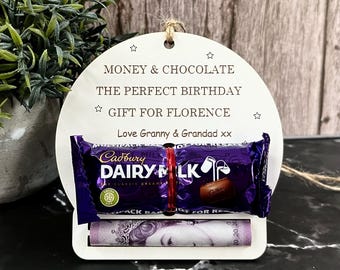 Personalised Birthday Chocolate & Money Holder, Wooden Cash Envelope, Children Gift