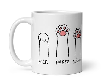 Rock Paper Scissors Glossy Mug / Cute Cat Mug / Cat Mug / Cat Paw Mug / Cat Lover Mug / Cat Lover Gift / Funny Cat Mug