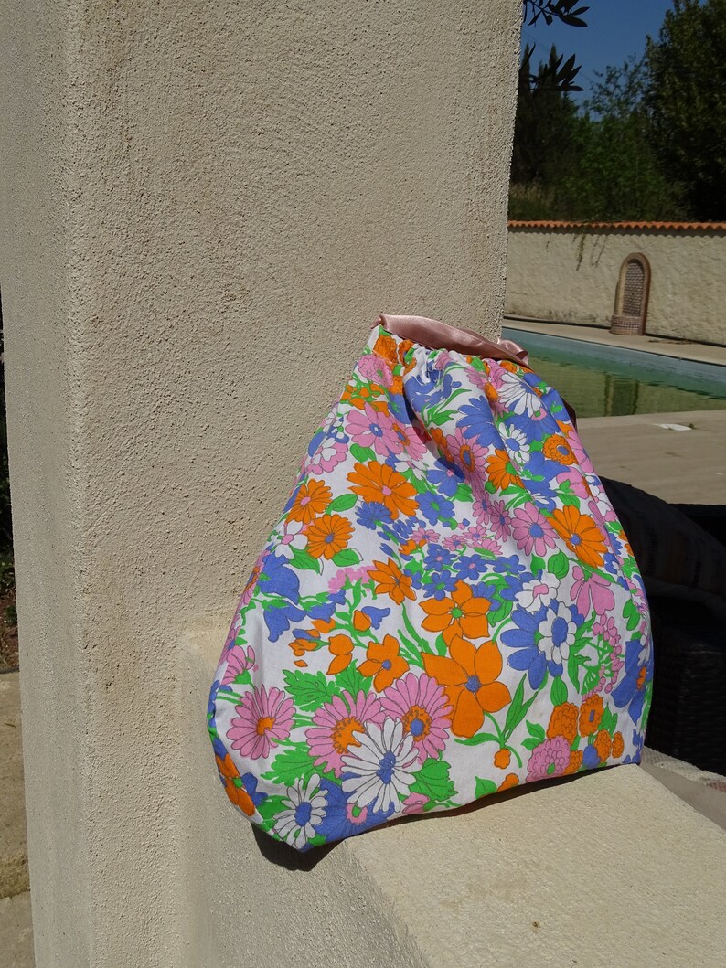 Flower mulicolor bag in cotton pink satin straps