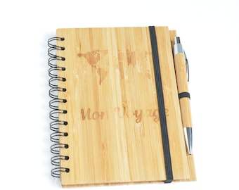 Customizable recycled bamboo notebook, my trip, lined notebook, ecological, adventure, world tour, travel notebook