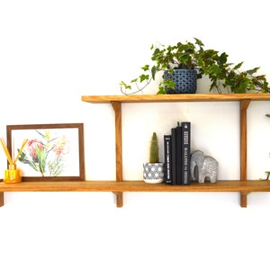 Split level wall mounted oak shelf/wall mounted bookshelf/shelf and brackets/contemporary/mid century