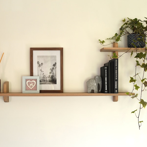 Split level wall mounted oak shelf/wall mounted bookshelf/double shelf