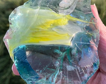 Raro cristal de Andara de corazón arcoíris múltiple de 354 g, colección High Sierra Naea, color amarillo agua hielo cósmico, ejemplar de exhibición para coleccionistas