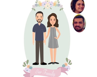 Illustrazione di coppia personalizzata, ritratto di famiglia, regali di anniversario, regalo di nozze, ritratto di animale domestico, ritratto da foto, ritratto di coppia. Digitale