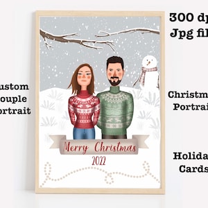Illustrated Family Portrait Christmas Holiday Card, Personalized Portrait, Couple Portrait, Digital Illustration, Family Portrait, Xmas Gift