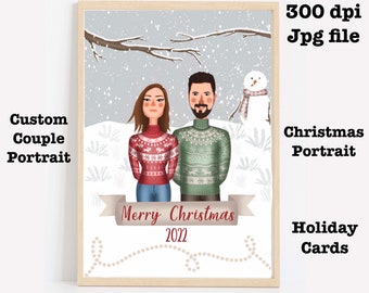 Ritratto di famiglia illustrato Biglietto di auguri natalizio, Ritratto personalizzato, Ritratto di coppia, Illustrazione digitale, Ritratto di famiglia, Regalo di Natale
