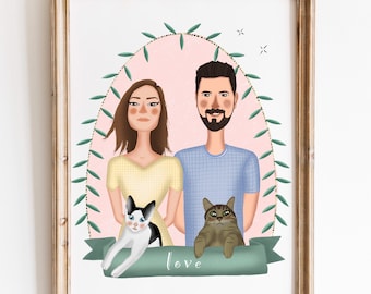 Ritratto di famiglia, Ritratto personalizzato, Ritratto di animali domestici, Nuovo regalo per la casa, Regalo personalizzato