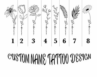 Design del tatuaggio con nome personalizzato con stampa digitale, disegno del tatuaggio floreale personalizzato, nome personalizzato, tatuaggio del fiore di nascita, tatuaggio di linea, tatuaggio minimalista