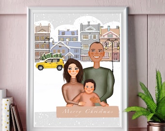 Ritratto di famiglia di Natale, regalo di Natale, biglietto di auguri personalizzato per le vacanze di famiglia, decorazioni natalizie, stampa personalizzata di Buon Natale, ritratto digitale