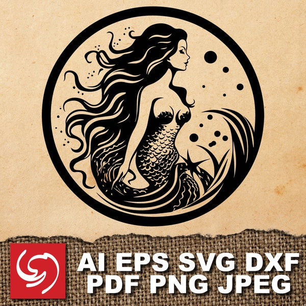 DOWNLOAD - Mermaid Siren Woman Ocean Vector Graphic Silhouette Shape Clipart Digital Art Illustration- ai, eps, dxf, svg, pdf, jpeg, png
