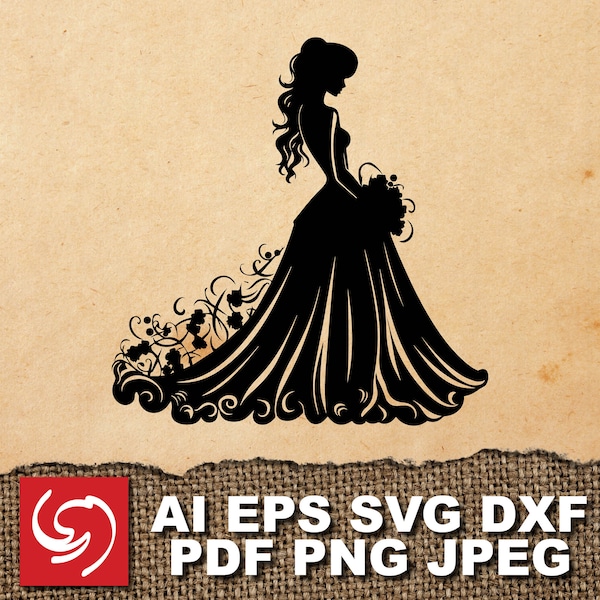 DOWNLOAD - Wedding Bride Woman Dress Beauty Salon Flowers Silhouette Shape - ai, eps, dxf, svg, pdf, jpeg, png