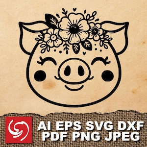 SVG Pig Flowers Farm Happy Smile Girl Woman Cartoon Logo Graphic Silhouette Shape Clipart Digital Art Illustration