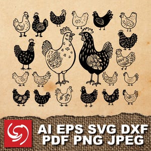 SVG Chicken Hen Rooster Chick Farm Cartoon Animal Doodle Collection Silhouette Shape