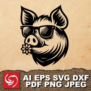 SVG Pig Cool Based Head Happy Sunglasses Flower Smile Animal Logo Sign Graphic Silhouette Shape Clipart Digital Art Illustration