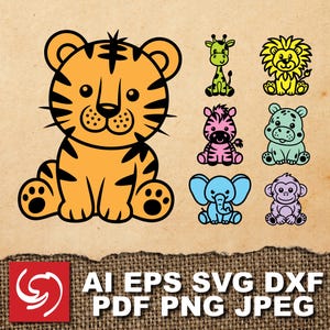 PNG SVG File Safari Tiger Lion Zebra Hippo Giraffe Monkey Elephant Animal Logo Sign Graphic Shape Clipart Digital Art Illustration