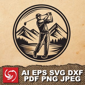 SVG Golf Player Mountain Course Club Man Logo Sign Graphic Silhouette Shape Clipart Digital Art