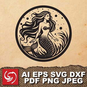 SVG Mermaid Siren Woman Ocean Vector Graphic Silhouette Shape Clipart Digital Art Illustration
