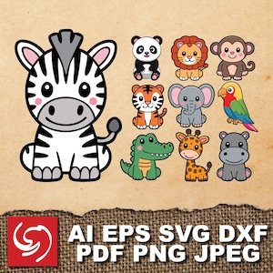 PNG SVG File Safari Jungle Lion Zebra Parrot Panda Bear Elephant Croc Hippo Monkey Giraffe Tiger Animal DIY Gift Doodle Clipart Shape