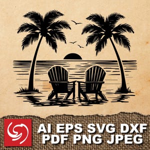 PNG SVG File Beach Palm Trees Chair Sunset Ocean Vacation Travel