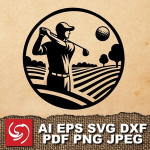 SVG Golf Player Couse Ball Tree Field Logo Sign Graphic Silhouette Shape Clipart Digital Art Illustration