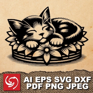 SVG Cat Kitten Baby Sleep Nap Bed Flowers Animal Logo Graphic Silhouette Shape Clipart Digital Art Illustration
