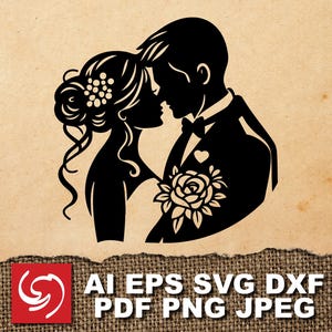 SVG Wedding Kiss Bride Groom Flower Man Woman Marriage Logo Graphic Silhouette Shape Clipart Digital Art Illustration