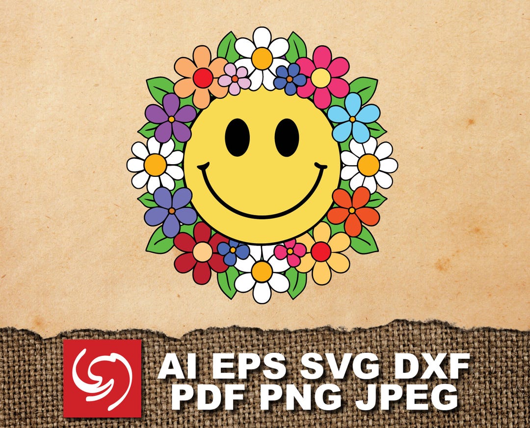 PNG SVG File Hippie Smiley Head Face Flower Power Retro Vintage Emoji ...