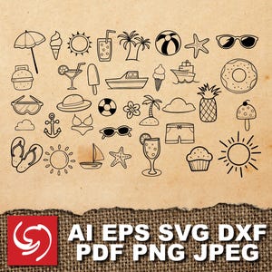 SVG Beach Summer Cocktail Sun Yacht Sunglass Seashell Ocean Doodle Clipart Silhouette